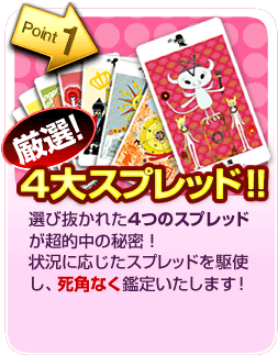 Point1 厳選! 4大スプレッド!! 選び抜かれた4つのスプレッドが超的中の秘密! 状況に応じたスプレッドを駆使し、死角なく鑑定いたします!